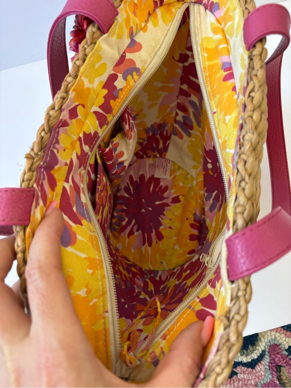 Woven Straw Bag Purse Pink Floral Appliqué Strap Zip Resort Cruise Coastal Beach - Picture 5 of 9